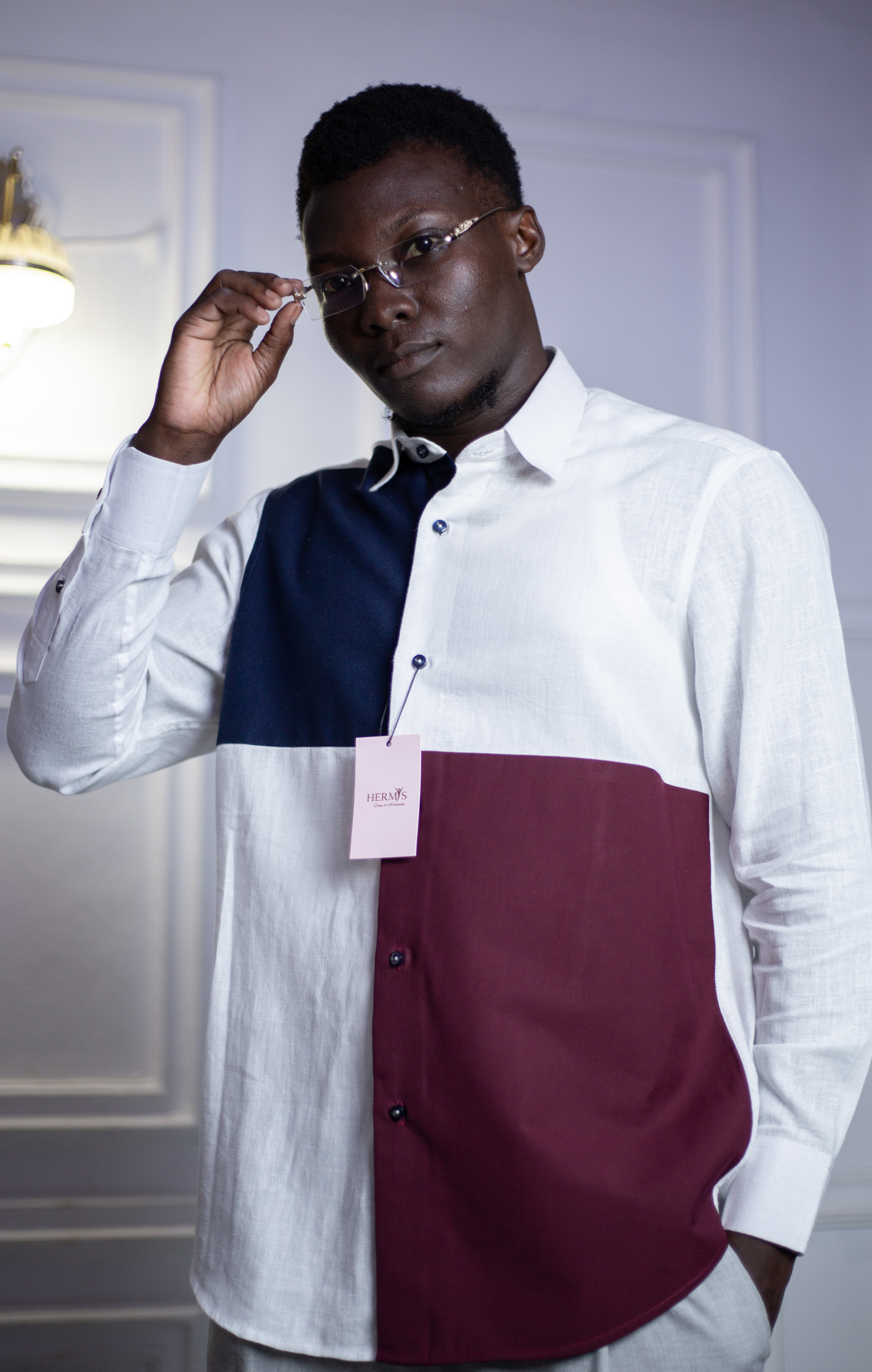 Chemise homme blanche bicolore bleu canard & bordeaux – HERMYS
