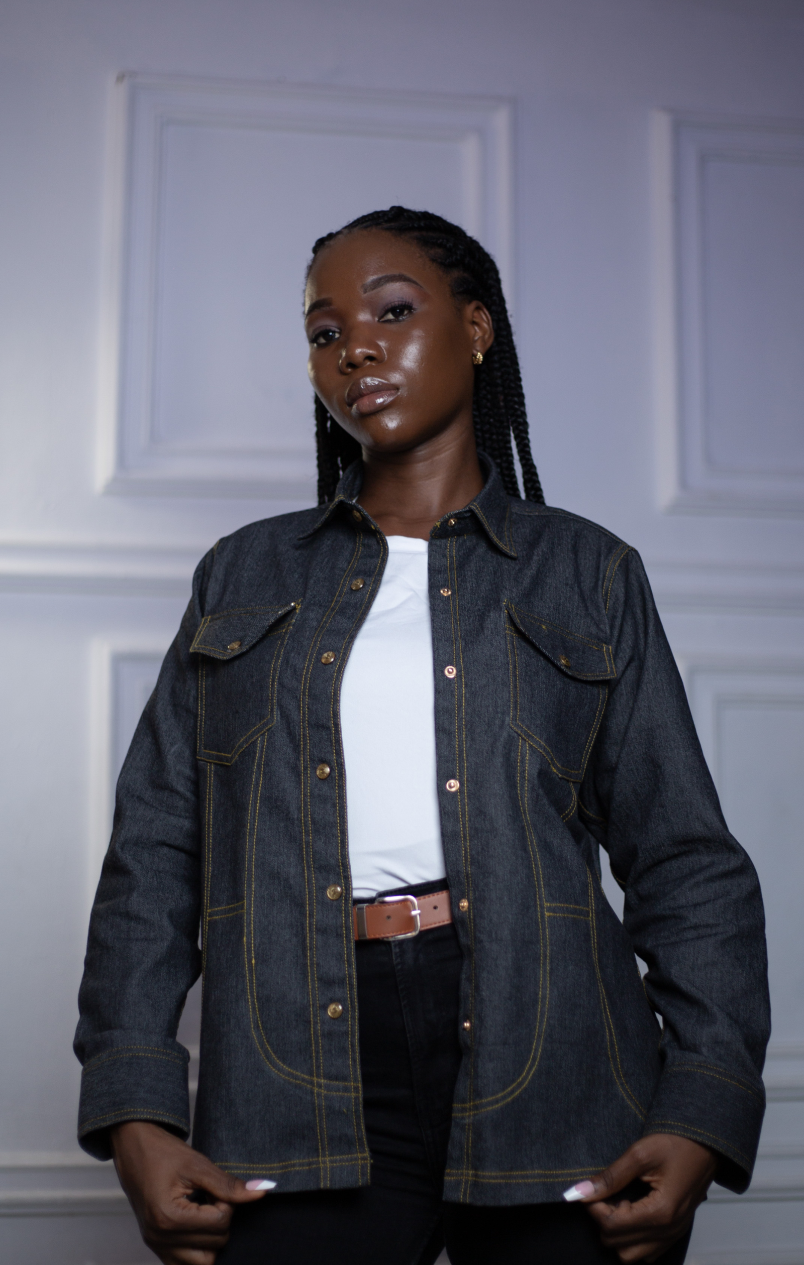 Veste surchemise en jean brut surpiqûres dorées – HERMYS