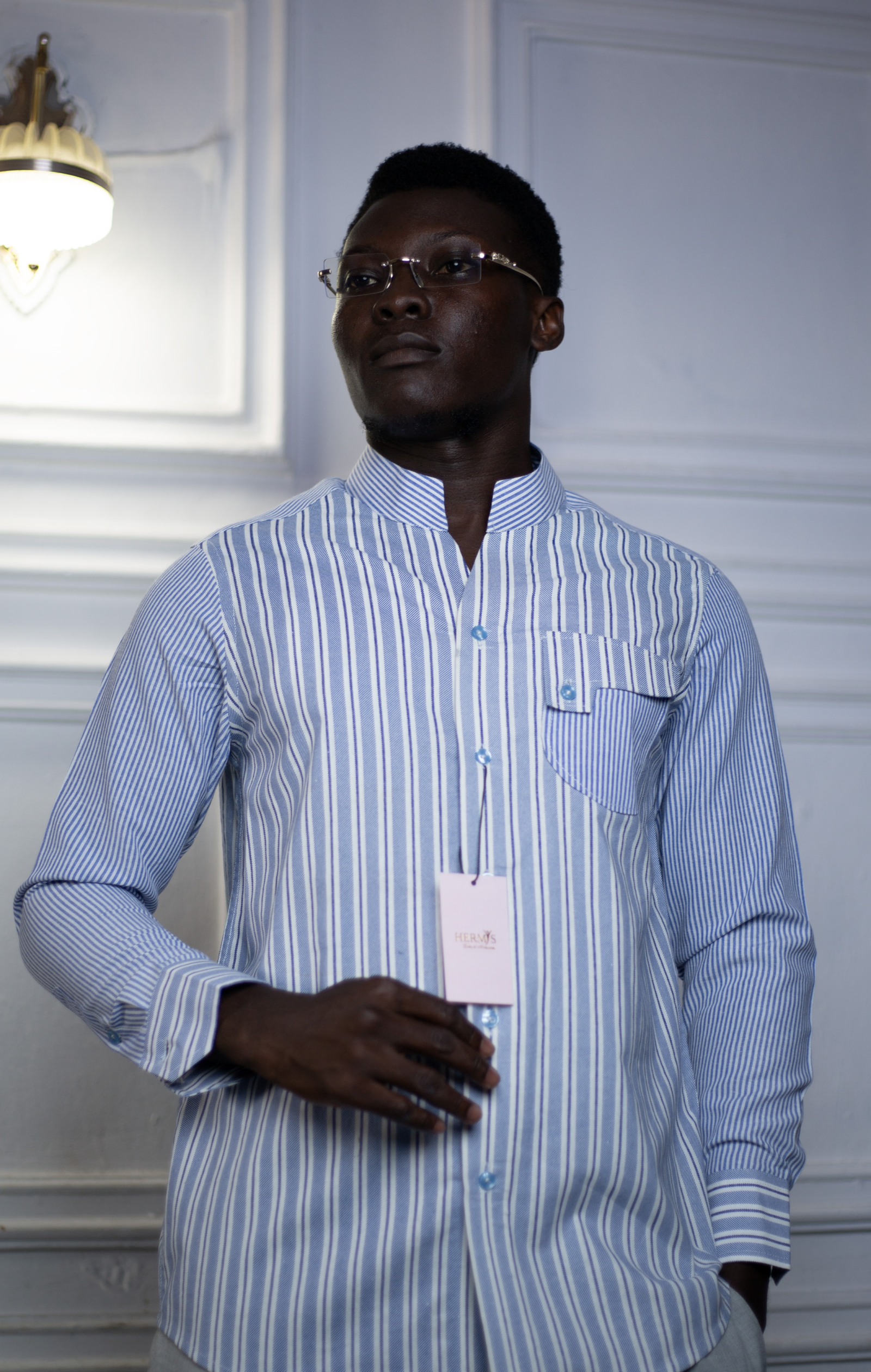 Chemise homme col officier à rayures bleu ciel – HERMYS