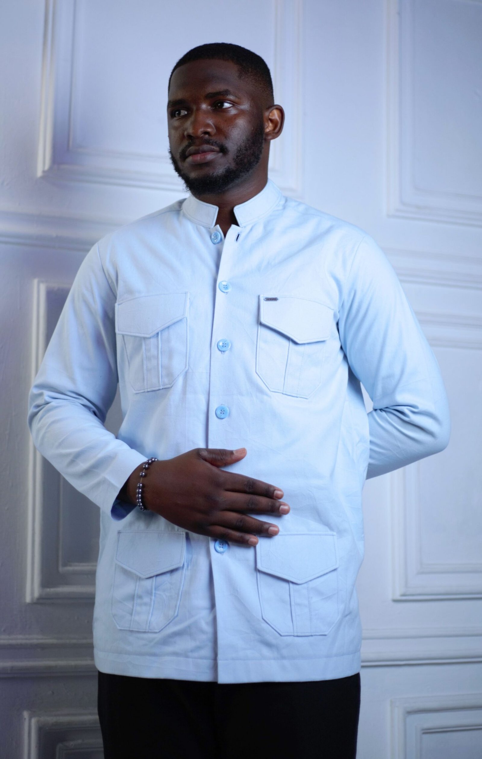 Veste surchemise saharienne homme bleu ciel à col officier – HERMYS