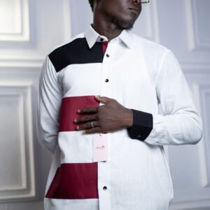 Chemise homme blanche à empiècements graphiques noir & bordeaux – HERMYS