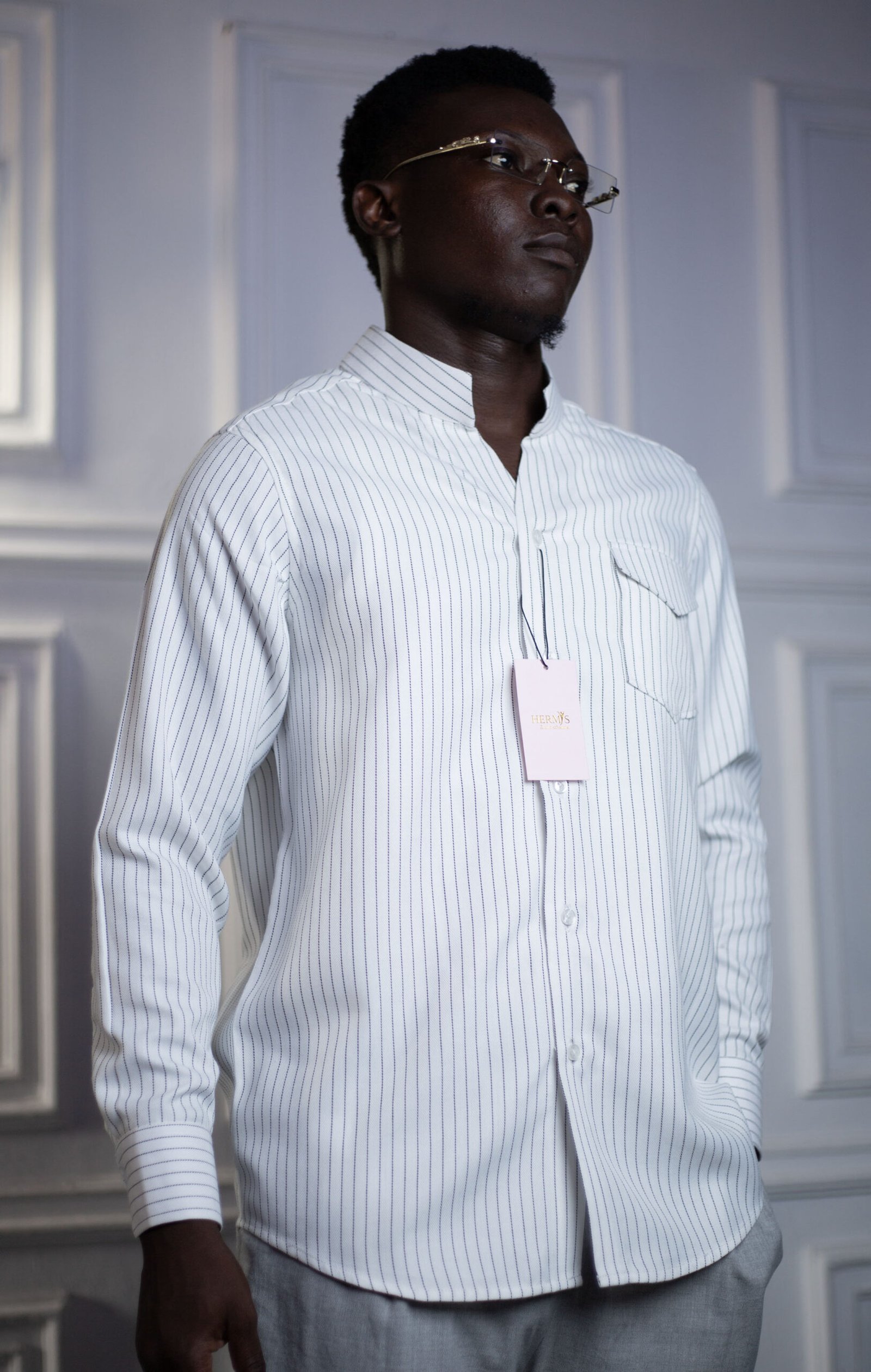 Chemise homme col officier à rayures fines marine sur fond blanc – HERMYS