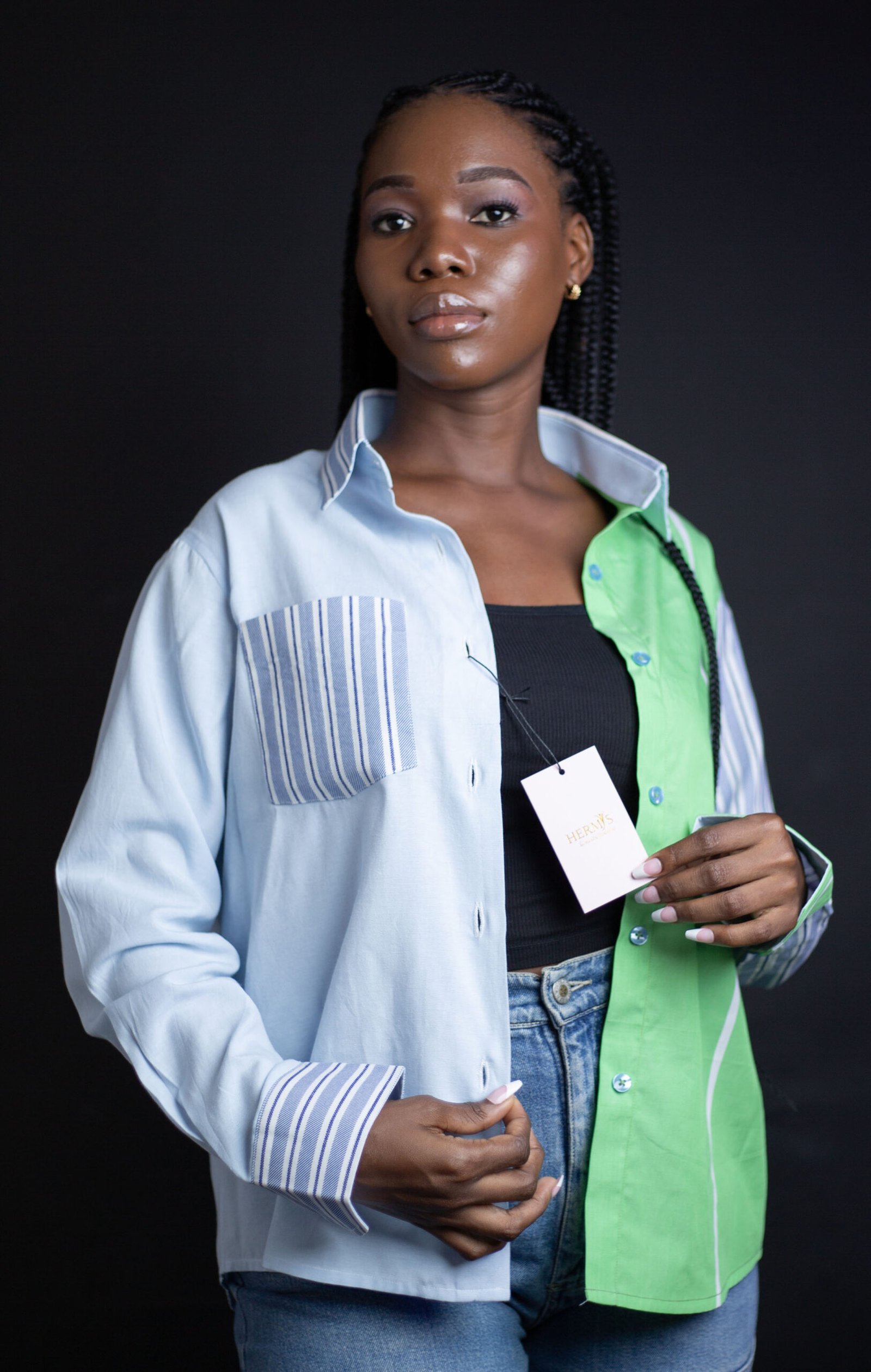 Chemise mixte color-block bleu ciel, vert éclatant & rayures – HERMYS