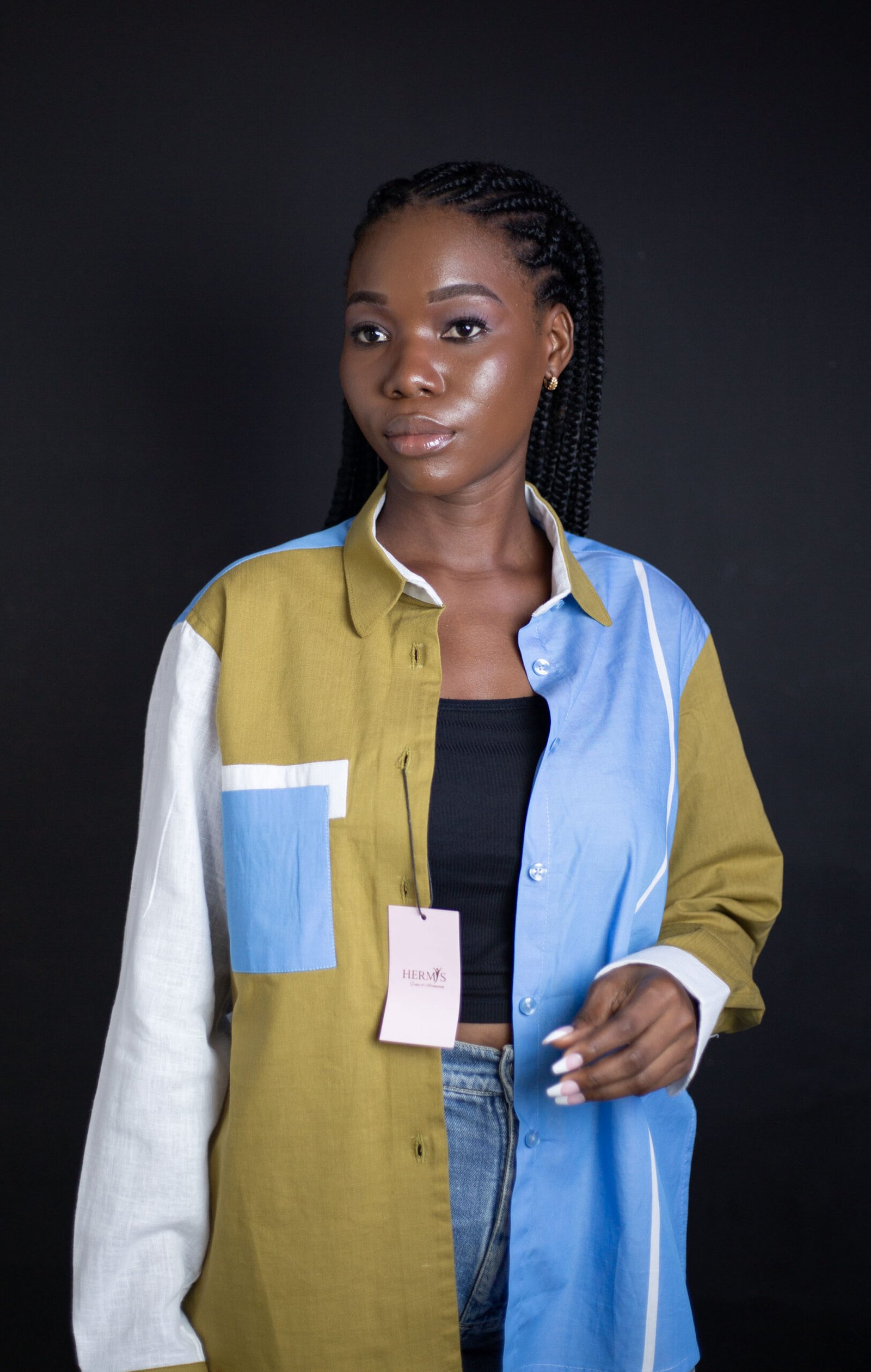 chemise mixte color-block asymétrique vert olive & bleu – HERMYS