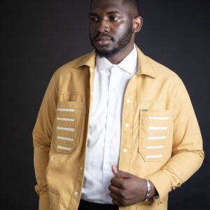 Veste surchemise moutarde mixte à poches poitrine texturées & lisérés blancs – HERMYS